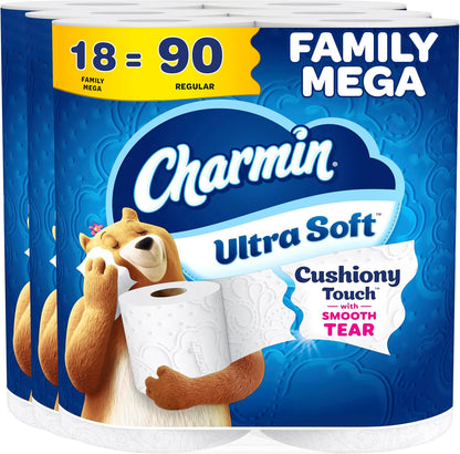 Charmin Ultra Soft Cushiony Touch Toilet Paper, 24 Family Mega = 123 Regular Rolls, White