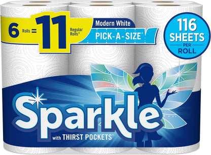 Sparkle Pick-A-Size Paper Towels, 6 Double Rolls (660 Sheets Total) - Strong 2-Ply Towels for Kitchen Cleanup and Everyday Messes