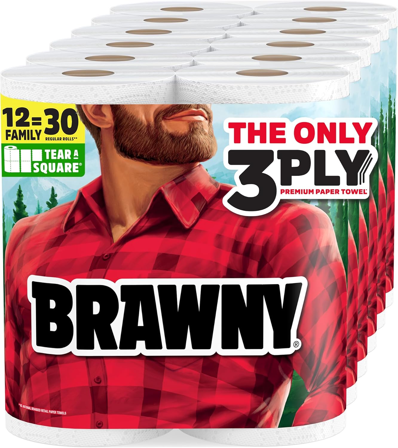 Brawny Tear-A-Square 3-Ply Paper Towels, 6 Double Rolls = 12 Regular Rolls, Strong, Absorbent, and Durable with 3 Sheet Sizes (Quarter, Half, Full)