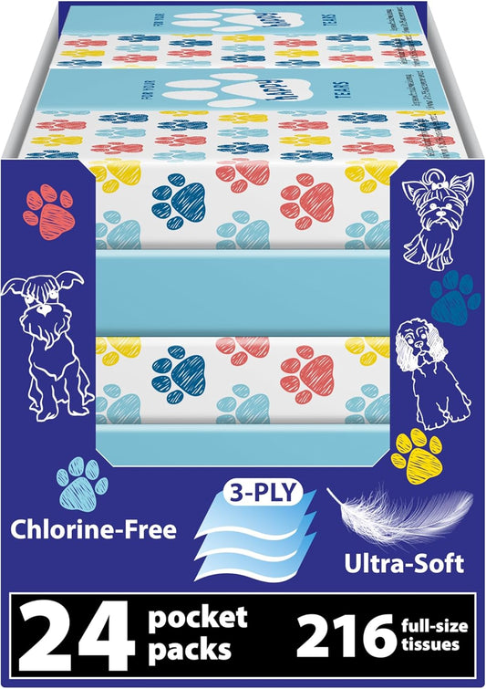 Travel Tissue Packs – 8 Compact 3-Ply Packs (72 Total), Soft Chlorine-Free Facial Tissues for Purse, Car, or School, Gentle & Durable, Non-Bleach, Playful Dog Design