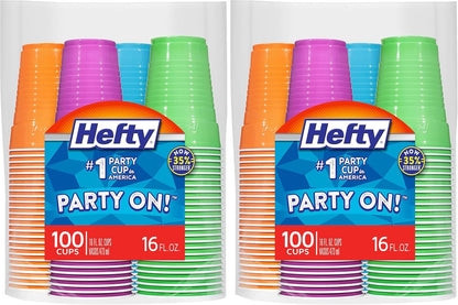 Hefty Party On Disposable Plastic Cups, Assorted, 16 Ounce, 100 Count