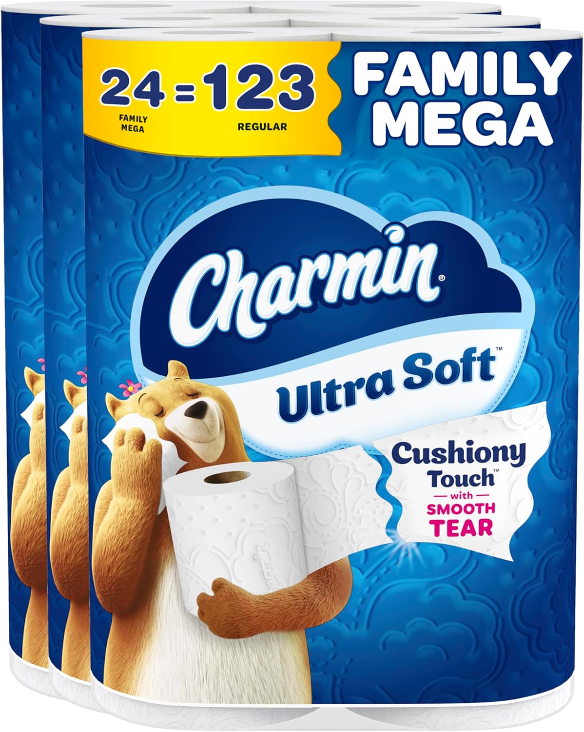 Charmin Ultra Soft Cushiony Touch Toilet Paper, 24 Family Mega = 123 Regular Rolls, White