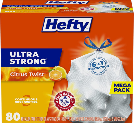 Hefty Ultra Strong Tall Kitchen Trash Bags, Citrus Twist Scent, 13 Gallon, 80 Count