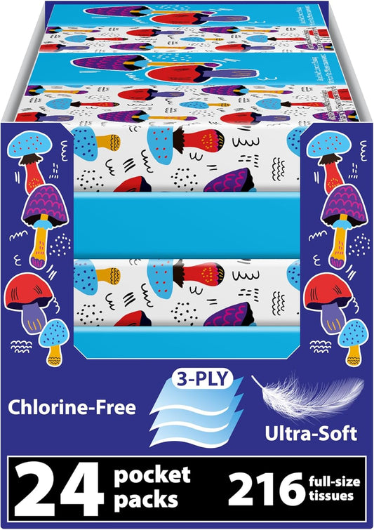 Travel Tissue Packs – 24 Compact 3-Ply Packs (216 Total), Soft Chlorine-Free Facial Tissues for Purse, Car, or School, Gentle & Durable, Non-Bleach, Stylish Geometric Design
