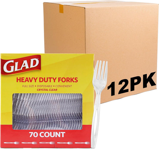 Glad Clear Heavy Duty Plastic Forks, Reduced-Plastic Open Handle, Break-Resistant Disposable or Top-Rack Reusable Cutlery for Parties, Camping & Everyday Meals, Standard Size, 70 Count