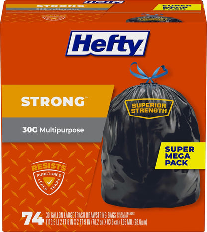 Hefty Strong Large Trash Bags, Black, 30 Gallon, 74 Count