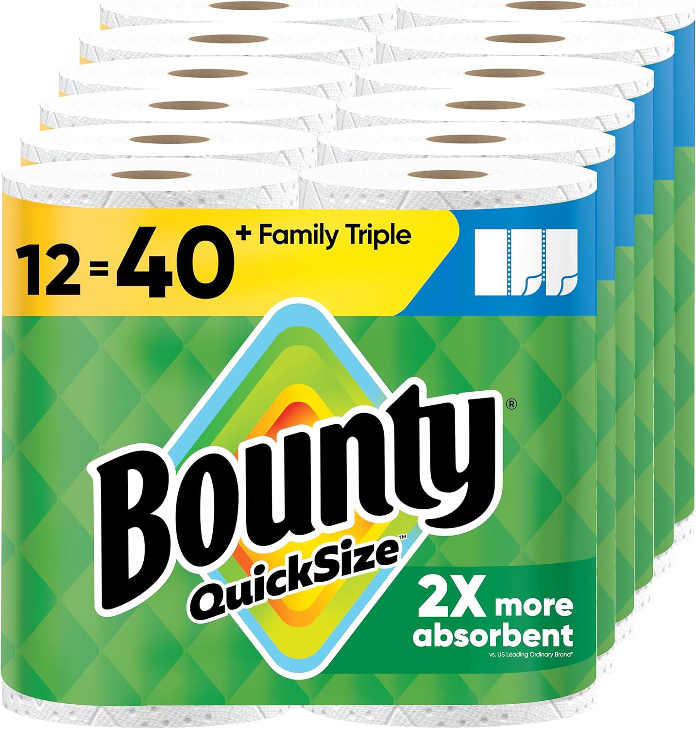 Bounty Quick-Size Paper Towels, White, 12 Family Triple = 40 Regular Rolls