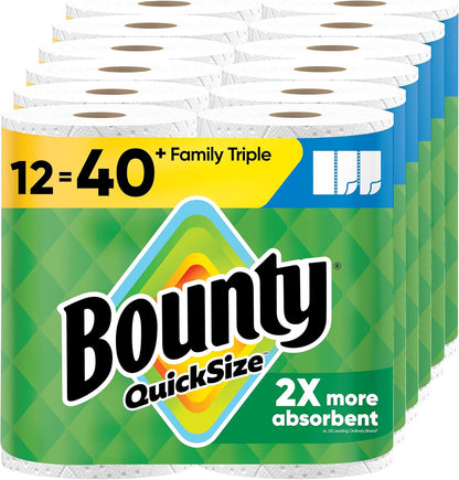 Bounty Quick-Size Paper Towels, White, 12 Family Triple = 40 Regular Rolls