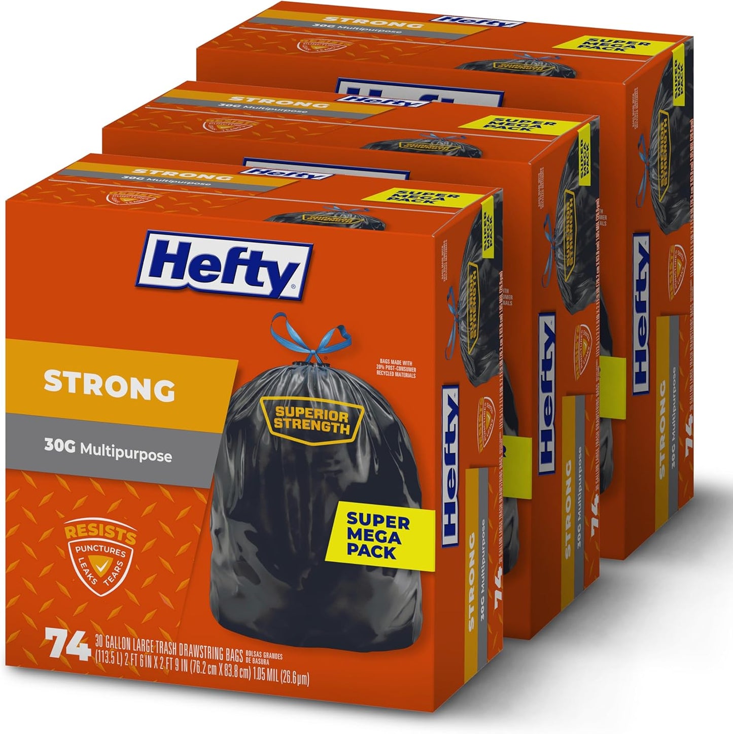Hefty Strong Large Trash Bags, Black, 30 Gallon, 74 Count