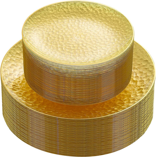 Rubtlamp 60Pcs Clear Plastic Plates,Clear Disposable Plates With Gold Rim,Heavy-duty Gold Plates,Hammered Party Plates Include 30Clear Dessert-Platos,30Dinner-Platos for Wedding, Party