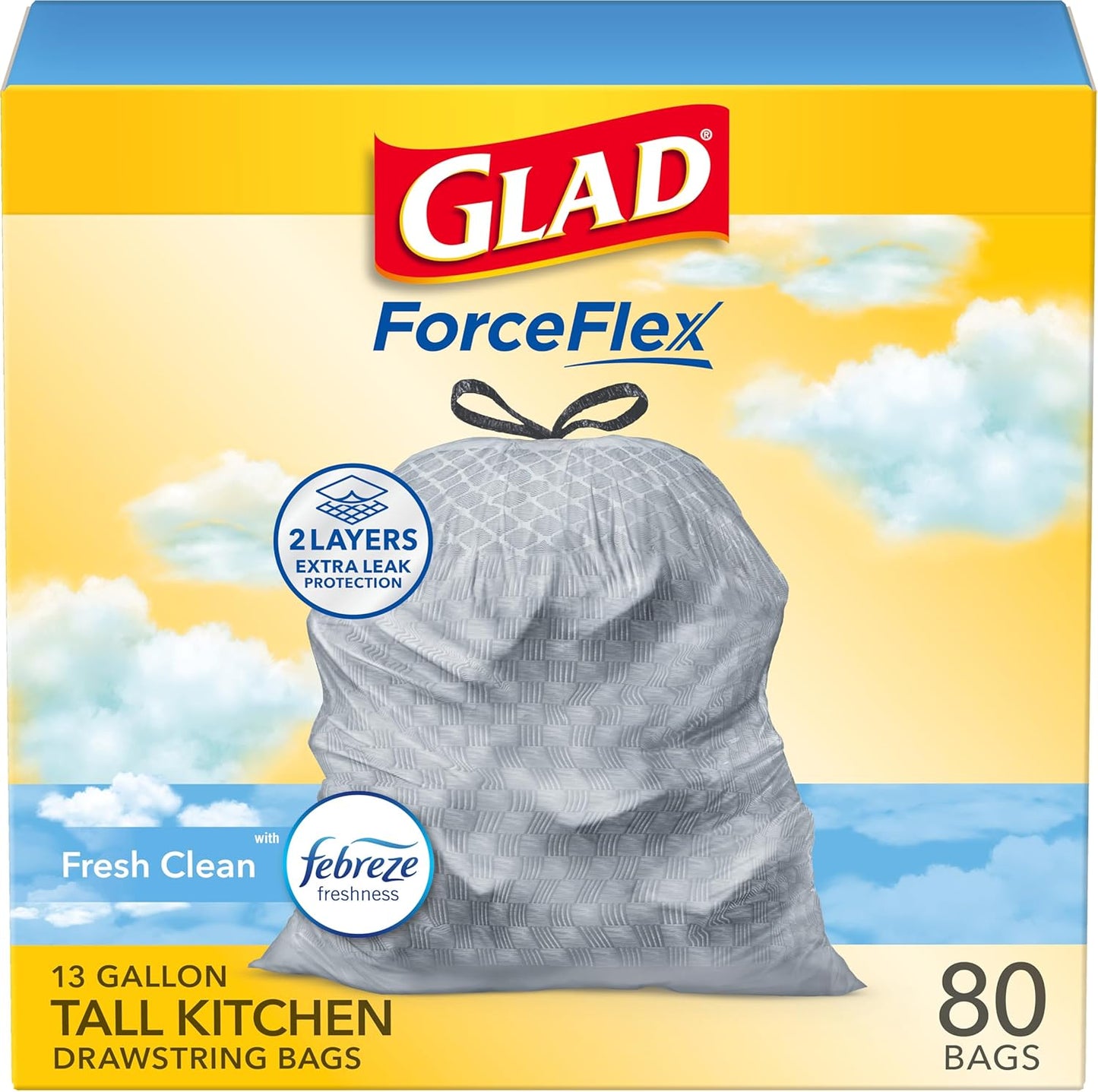 Glad Tall Kitchen Drawstring Trash Bags - Odorshield 13 Gallon White Trash Bag, Febreze Fresh Clean, 110 Count