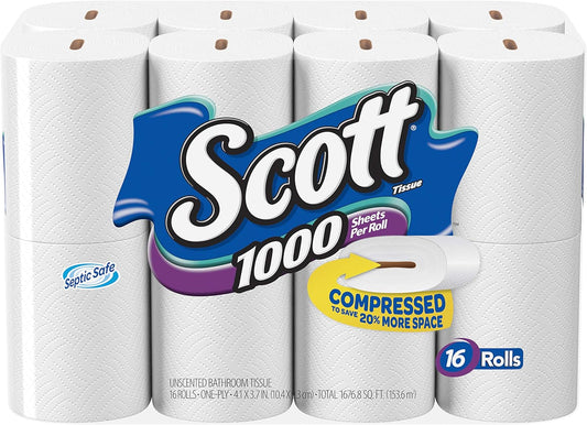 Scott 1000 Toilet Paper, 18 Rolls, Septic-Safe, 1-Ply Toilet Tissue