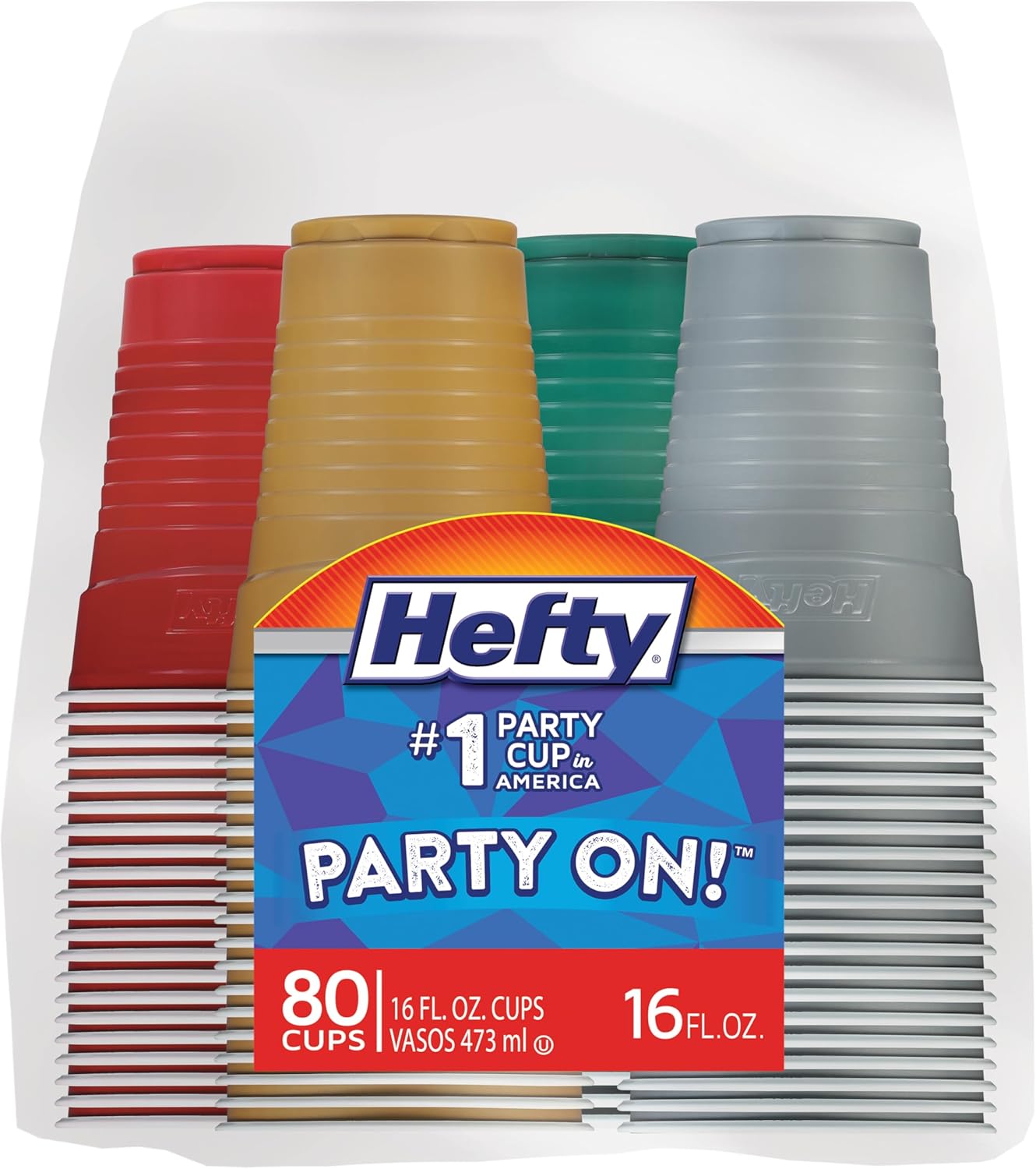 Hefty Party On Disposable Plastic Cups, Assorted, 16 Ounce, 100 Count