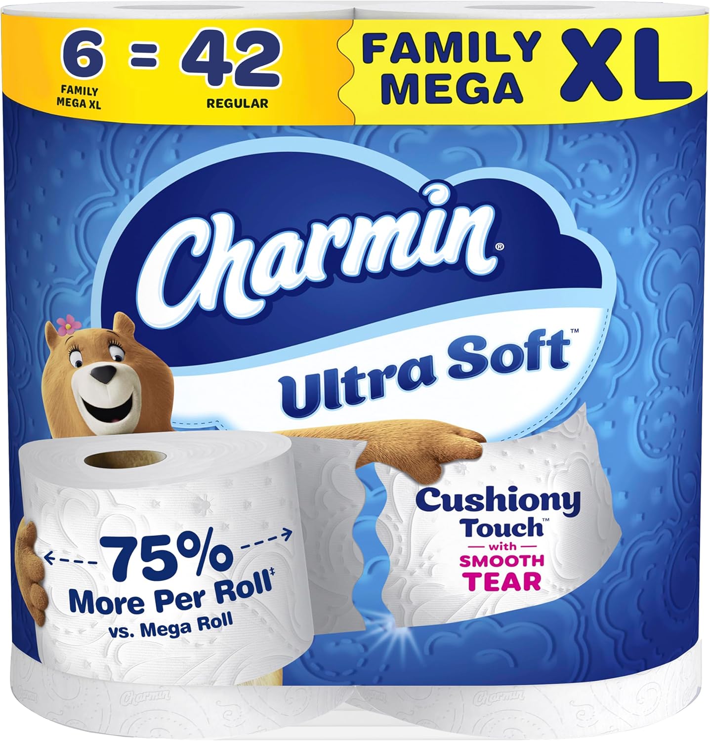 Charmin Ultra Soft Cushiony Touch Toilet Paper, 24 Family Mega = 123 Regular Rolls, White