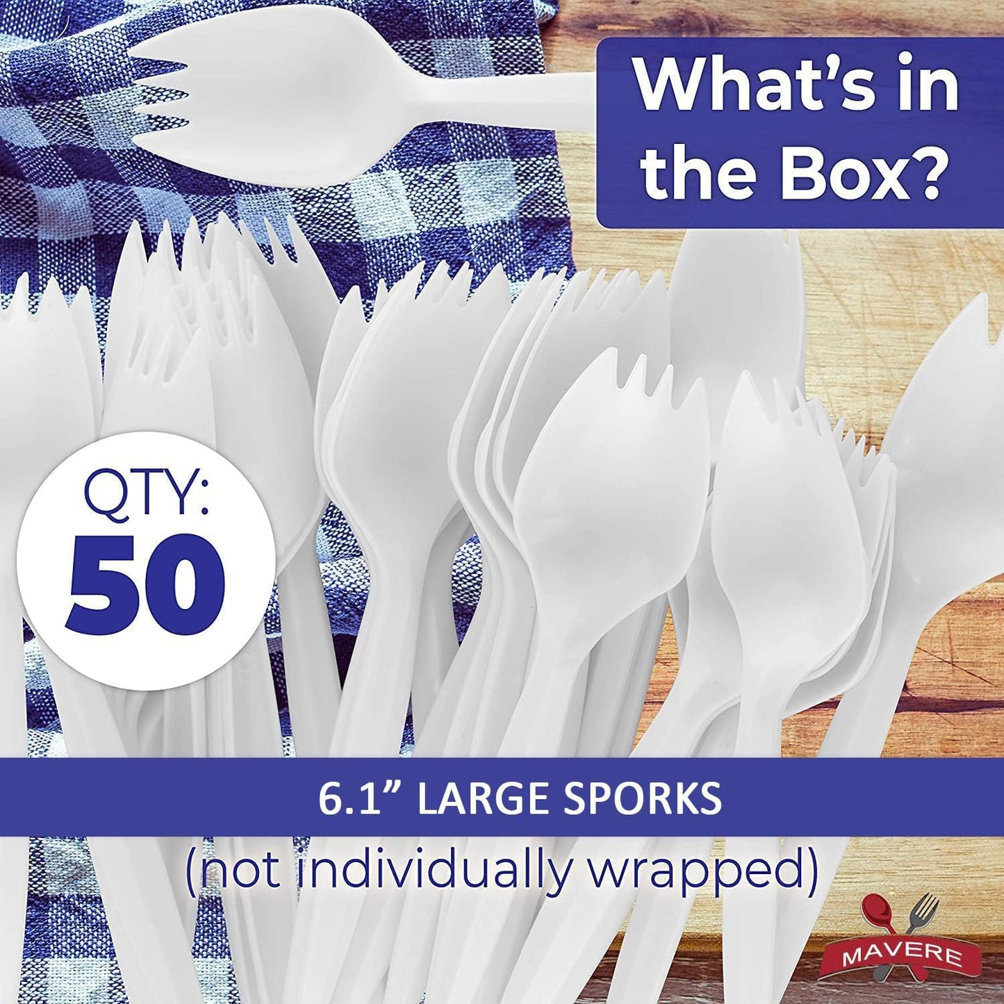 6” Large Size Reusable Sporks, Plastarch Material (PSM) Utensils, Spoon Fork 2-in-1 Spork for School Lunch, Picnics, Parties, Forky Making by Mavere, 50Pcs/Box