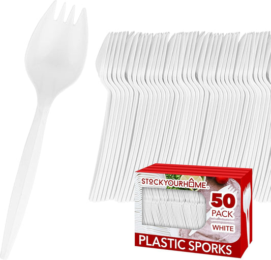 Stock Your Home 100 Disposable Sporks, White Plastic Sporks – Kid Safe 2 in 1 Utensils – Fork Spoon Perfect for School Lunch, Picnics, Catered Events, Restaurants and Kids Birthday Parties