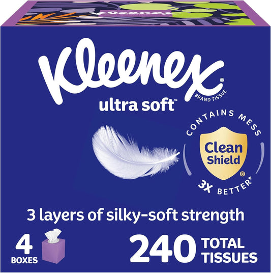 Kleenex Ultra Soft Facial Tissues, 4 Cube Boxes, 60 Tissues per Box, 3-Ply (240 Total), Packaging May Vary