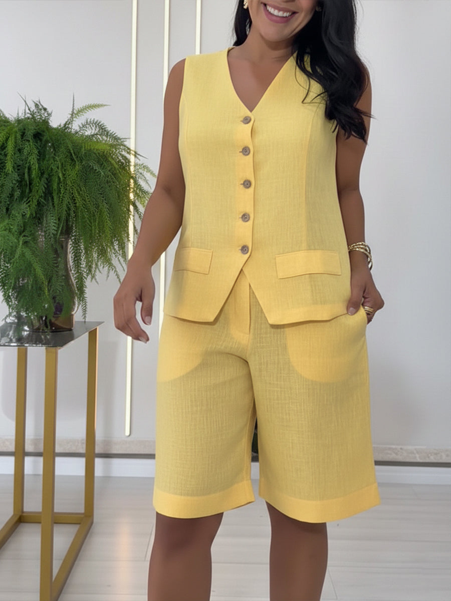 🔥Summer Arrivals🌟Casual Linen And Cotton Vest And Bermuda Shorts Two-piece Set
