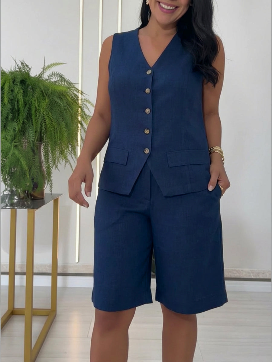🔥Summer Arrivals🌟Casual Linen And Cotton Vest And Bermuda Shorts Two-piece Set