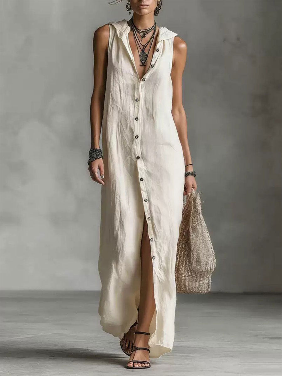 🔥Summer Arrivals🌟Women's Retro Hooded Solid Color Long-sleeved Cotton Linen Dress