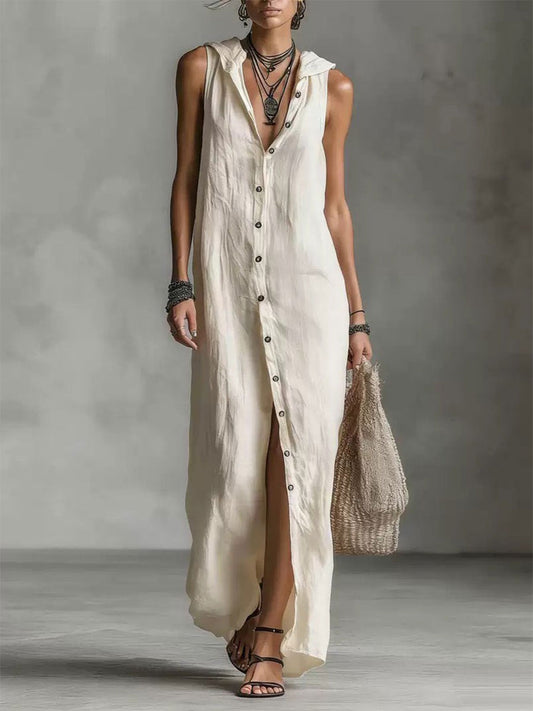 🔥Summer Arrivals🌟Women's Retro Hooded Solid Color Long-sleeved Cotton Linen Dress