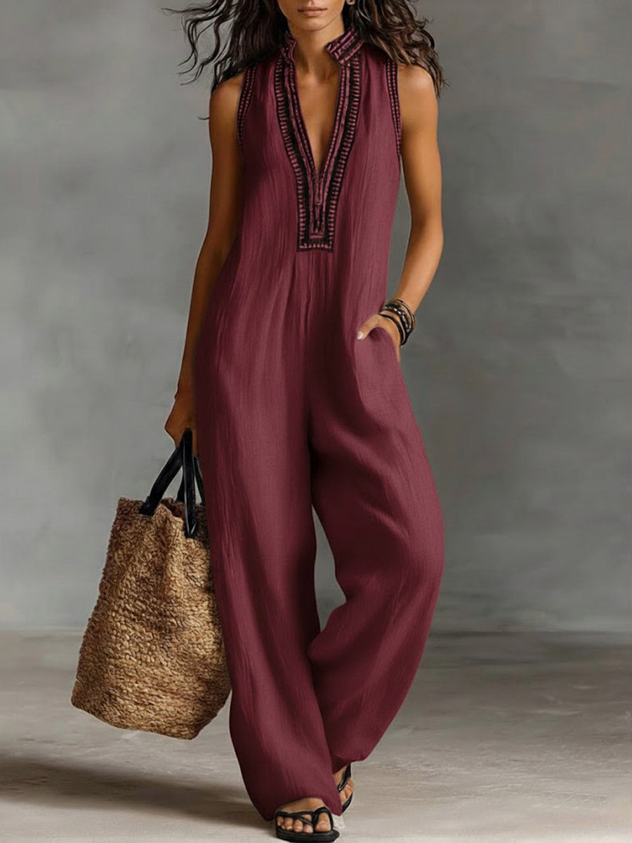 🔥Summer Arrivals🌟Women's V-neck Sleeveless Casual Loose Cotton And Linen Jumpsuit