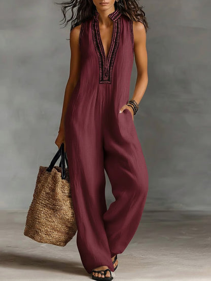 🔥Summer Arrivals🌟Women's V-neck Sleeveless Casual Loose Cotton And Linen Jumpsuit