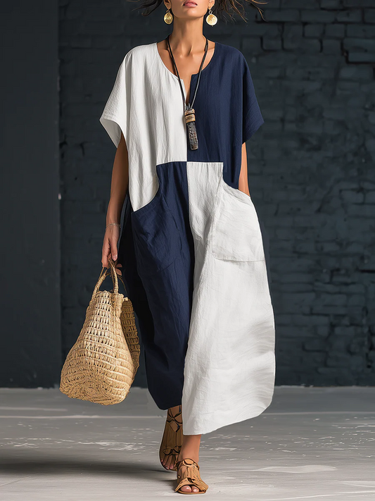 🔥Summer Arrivals🌟Stylish Color-blocked Loose-fitting Linen-cotton Midi Dress
