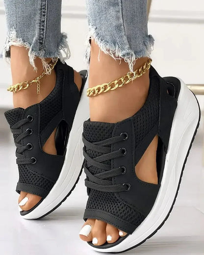 Contrast Paneled Cutout Lace-Up Muffin Sandals