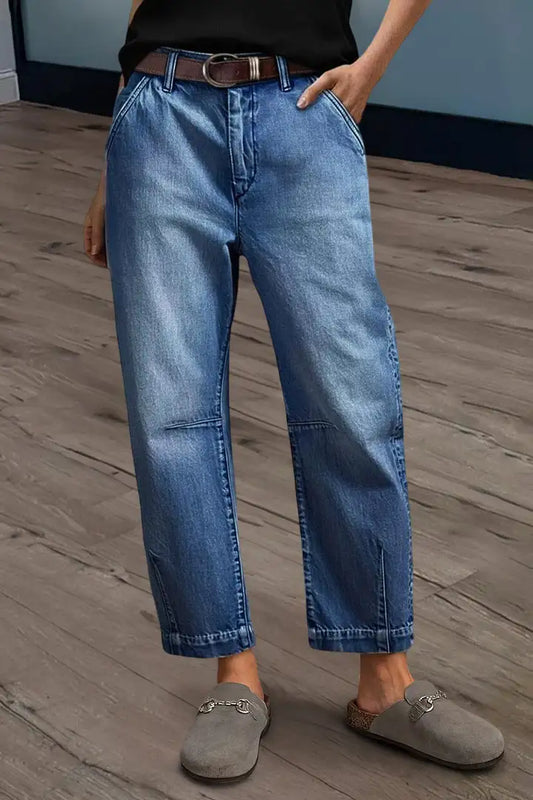 🔥Summer Arrivals🌟Wash Stitch Detail Mid Rise Barrel Leg Crop Jeans Without Belt