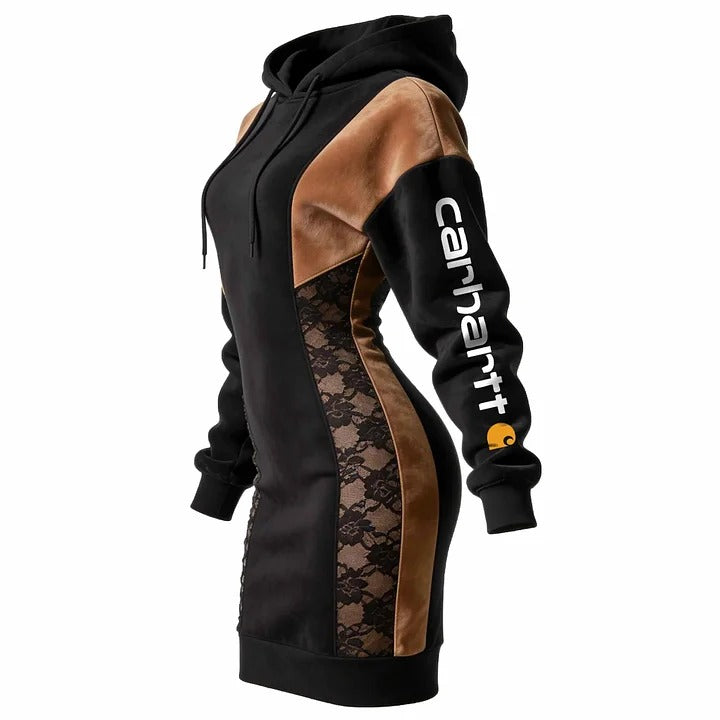 🔥𝗖𝗹𝗲𝗮𝗿𝗮𝗻𝗰𝗲 𝗦𝗮𝗹𝗲🌟Women's Vintage Black And Brown Suede Patchwork Lace Hoodie Dress