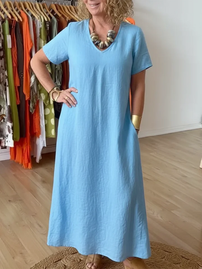 🔥Summer Arrivals🌟Elegant Diamond-neck Linen Midi Dress