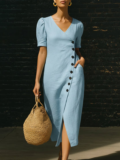 🔥Summer Arrivals🌟Elegant V-neck Button-up Linen Midi Dress