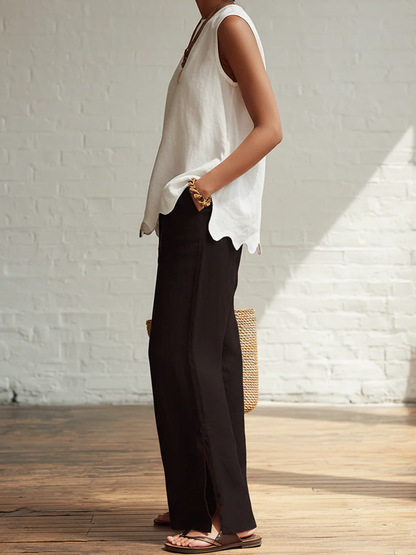 🔥Summer Arrivals🌟Elegant Minimalist Wavy Hem Shirt And Trousers Two-piece Set