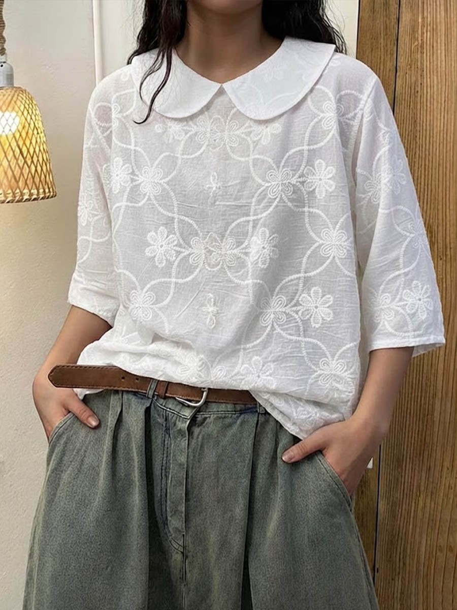 🔥Summer Arrivals🌟Women's Solid Color Peter Pan Collar 3/4 Sleeve Casual Loose Cotton Embroidered Top