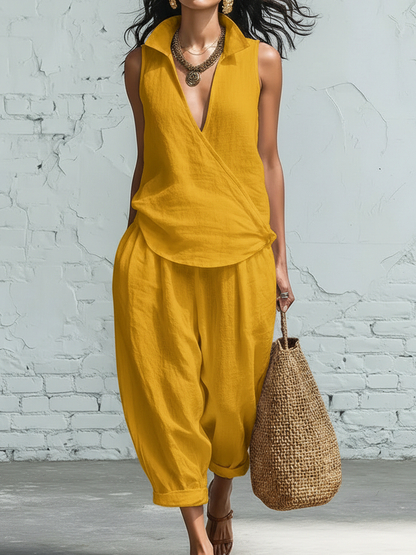 🔥Summer Arrivals🌟Minimalist Collared Shirt And Wide-leg Pant Linen Two-piece Set