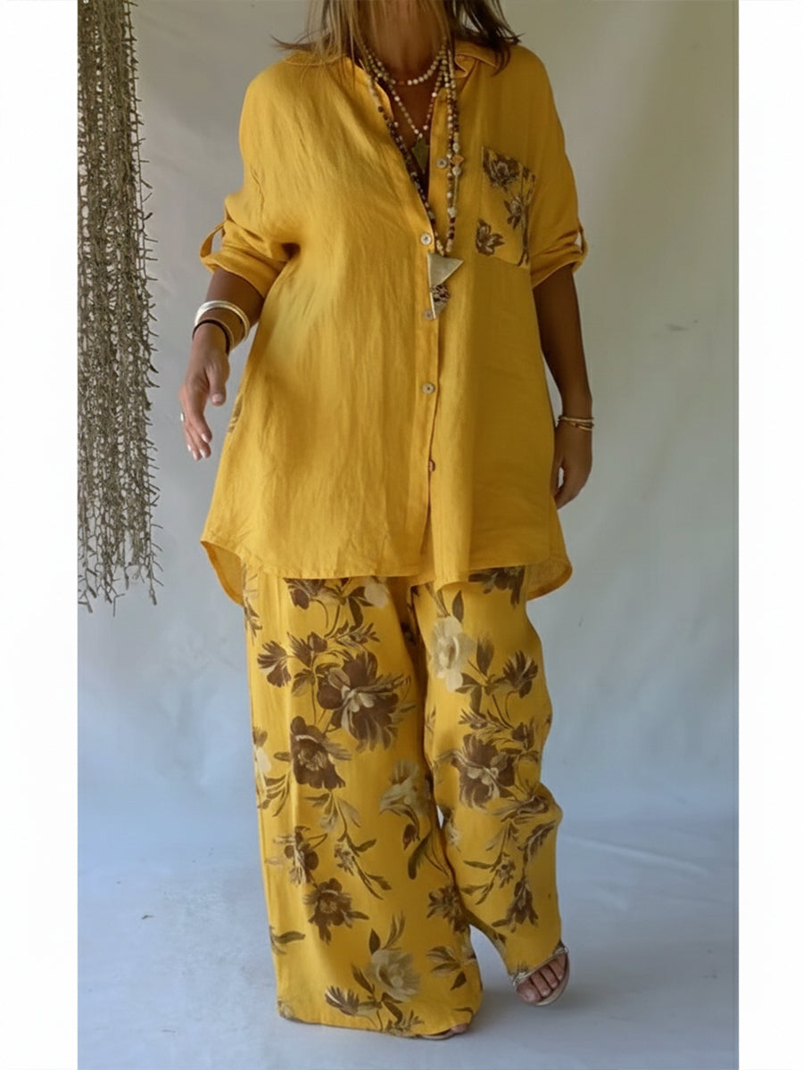 🔥Summer Arrivals🌟Casual Floral Print Linen And Cotton Shirt And Trousers Two-piece Set