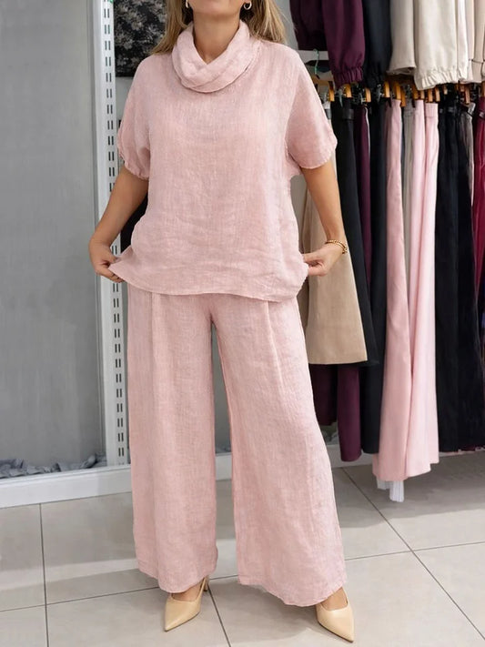 🔥Summer Arrivals🌟Women's Solid Color Stand-up Collar Short-sleeved Casual Loose Cotton Linen Top And High-waisted Casual Loose Cotton Linen Wide-