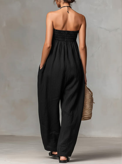 🔥Summer Arrivals🌟Women's Solid Color Strapless Casual Loose Cotton And Linen Jumpsuit