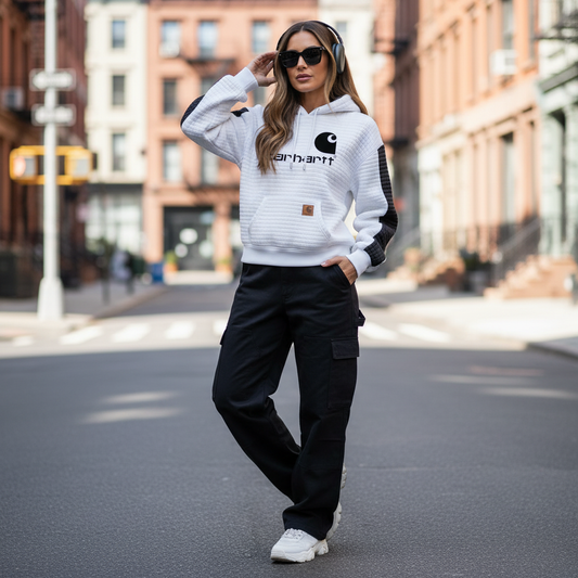 🔥𝗖𝗹𝗲𝗮𝗿𝗮𝗻𝗰𝗲 𝗦𝗮𝗹𝗲🌟Women's Vintage White And Black Waffle Quilted Plaid Pocket Hoodie