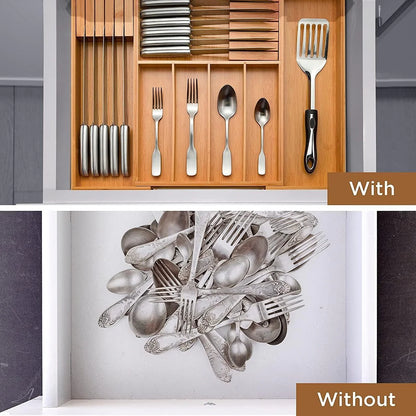 Utensil Organizer - Bamboo Expandable Silverware Organizer, Utensil Holder & Cutlery Tray with Divider and Removable Knife Block