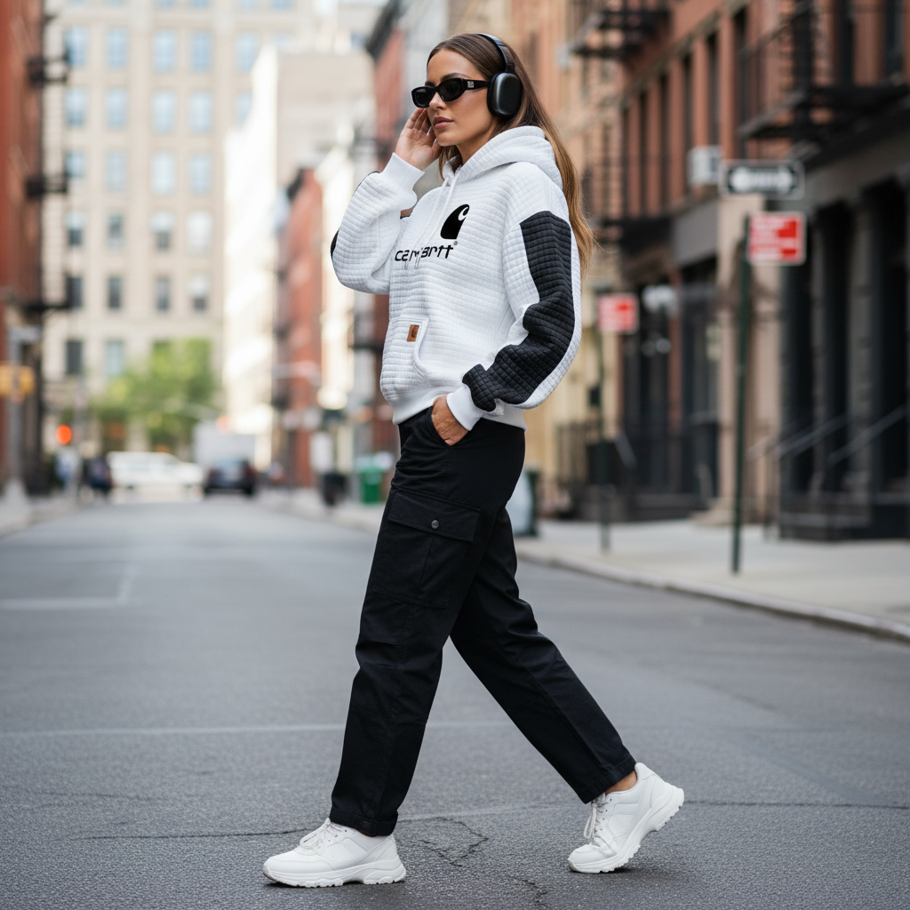 🔥𝗖𝗹𝗲𝗮𝗿𝗮𝗻𝗰𝗲 𝗦𝗮𝗹𝗲🌟Women's Vintage White And Black Waffle Quilted Plaid Pocket Hoodie