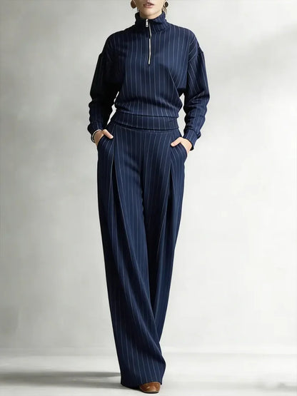 🔥Summer Arrivals🌟Women's Striped Stretch Cotton Half-zip Top And Wide-leg Pants Two-piece Set