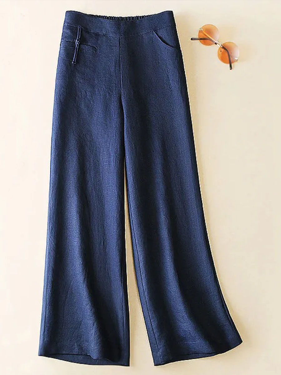 🔥Summer Arrivals🌟Women's Solid Color Button Half Elastic High Waist Casual Cotton and Linen Wide Leg Pants