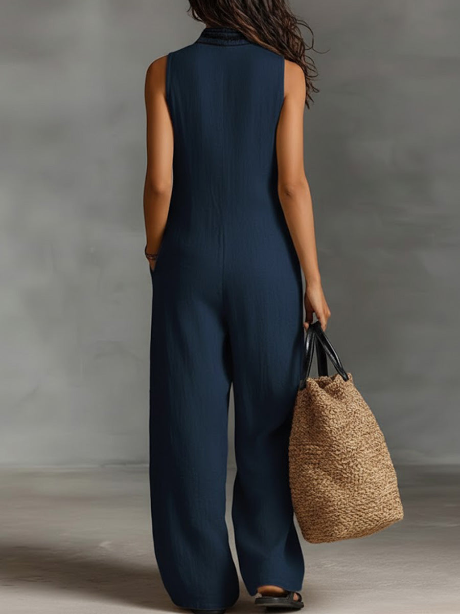 🔥Summer Arrivals🌟Women's V-neck Sleeveless Casual Loose Cotton And Linen Jumpsuit