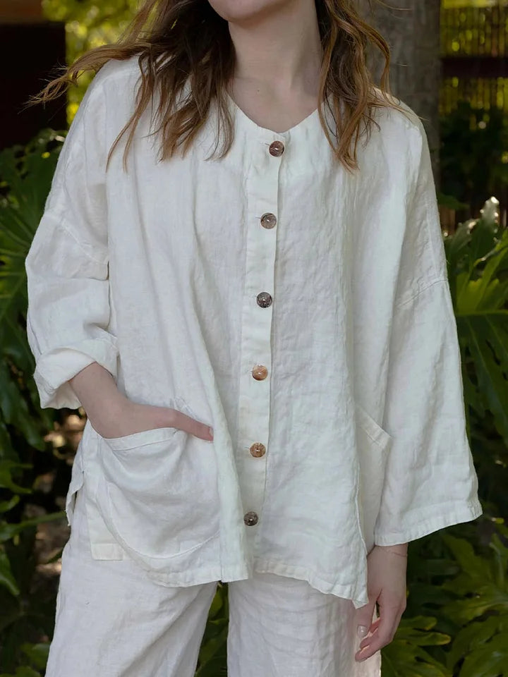 🔥Summer Arrivals🌟Women's Solid Color Round Neck Long-sleeved Casual Loose Cotton And Linen Top