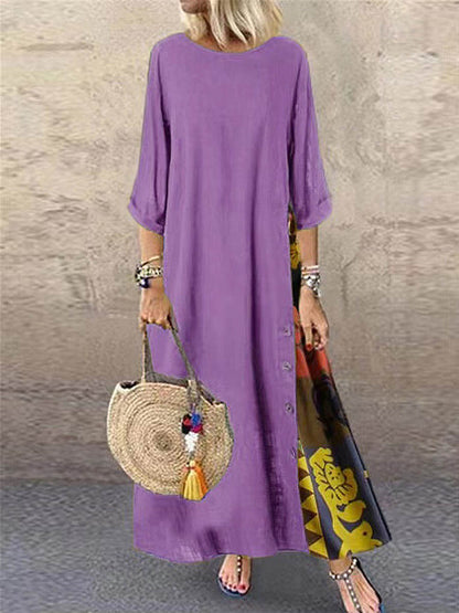 🔥Summer Arrivals🌟Women's Retro Floral Contrast Button Patchwork Cotton And Linen Casual Dress