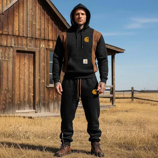 🔥𝗖𝗹𝗲𝗮𝗿𝗮𝗻𝗰𝗲 𝗦𝗮𝗹𝗲🌟Men's Vintage Black Brown Suede Color Block Hoodie And Sweatpants Set