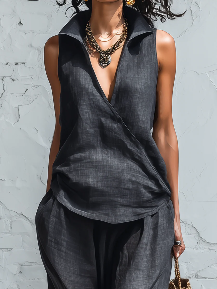 🔥Summer Arrivals🌟Minimalist Collared Shirt And Wide-leg Pant Linen Two-piece Set