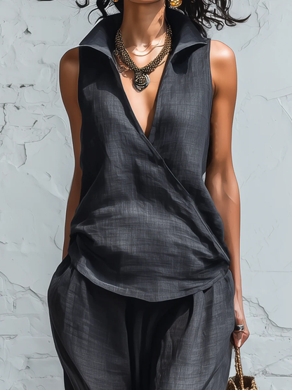 🔥Summer Arrivals🌟Minimalist Collared Shirt And Wide-leg Pant Linen Two-piece Set